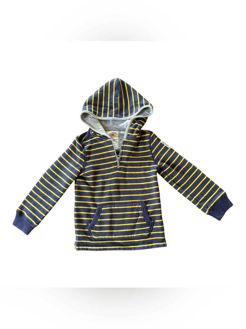 Mini Boden Navy Yellow Striped Hooded Sweatshirt Pullover 1/4 Zip Boy 3T- 4T